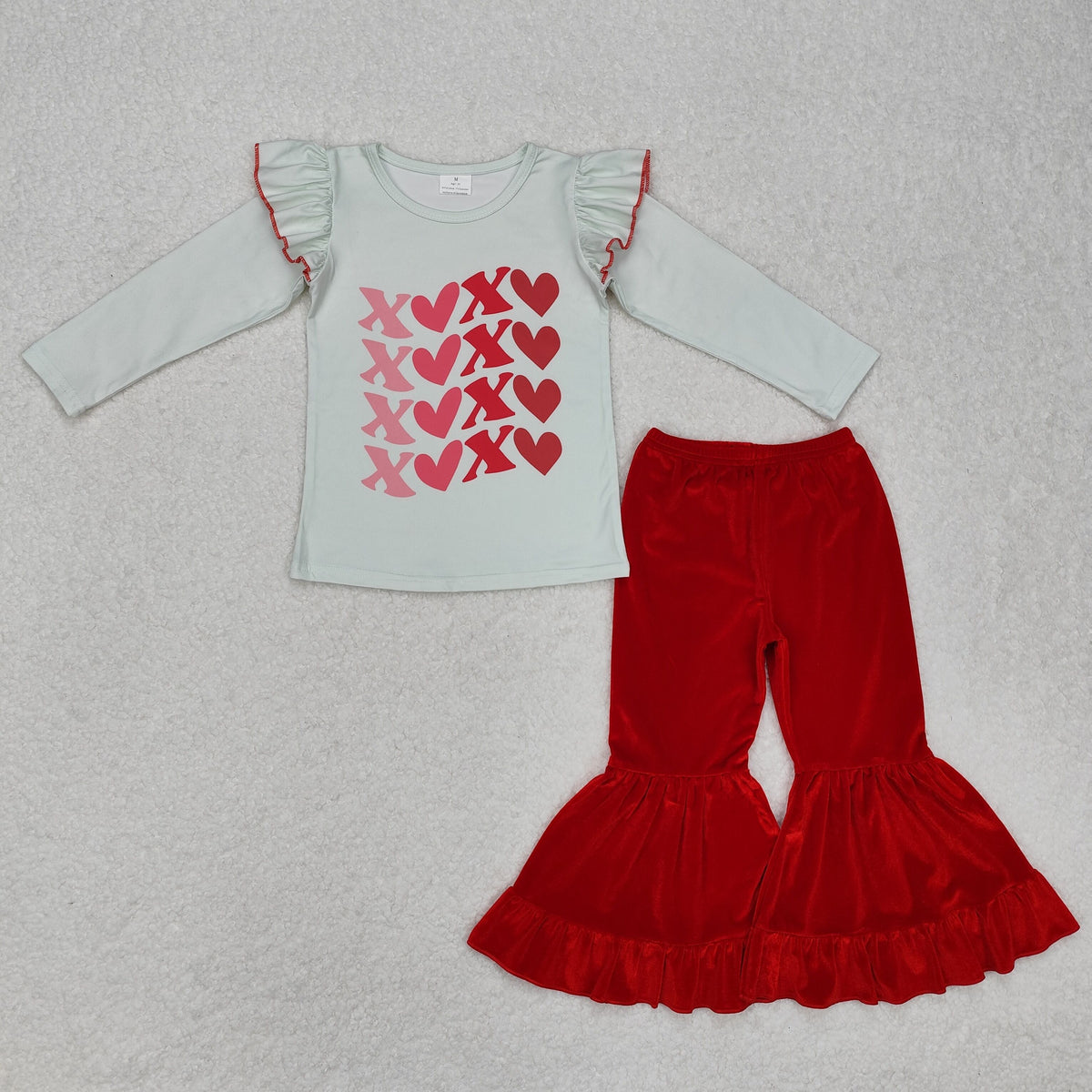 GLP1142 Valentine's Day XOXO Heart Long Sleeve Red Velvet Pants Girls Set