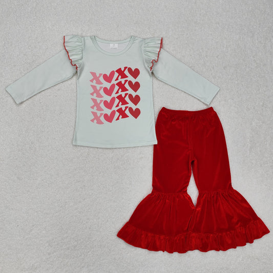 GLP1142 Valentine's Day XOXO Heart Long Sleeve Red Velvet Pants Girls Set
