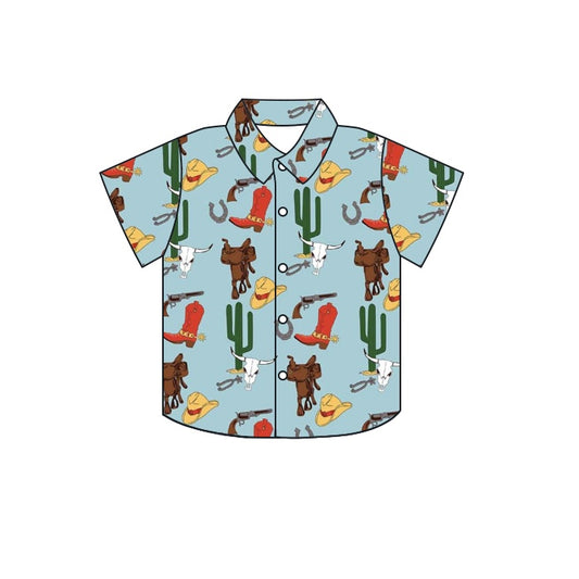 preorder BT0577 Western Cactus Boot Hat Cow Blue Short Sleeve Boys Top