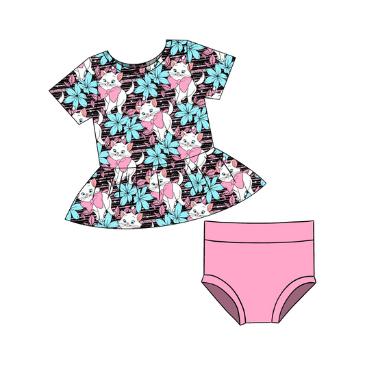 custom cute cat flowers short sleeve pink girls bummies set