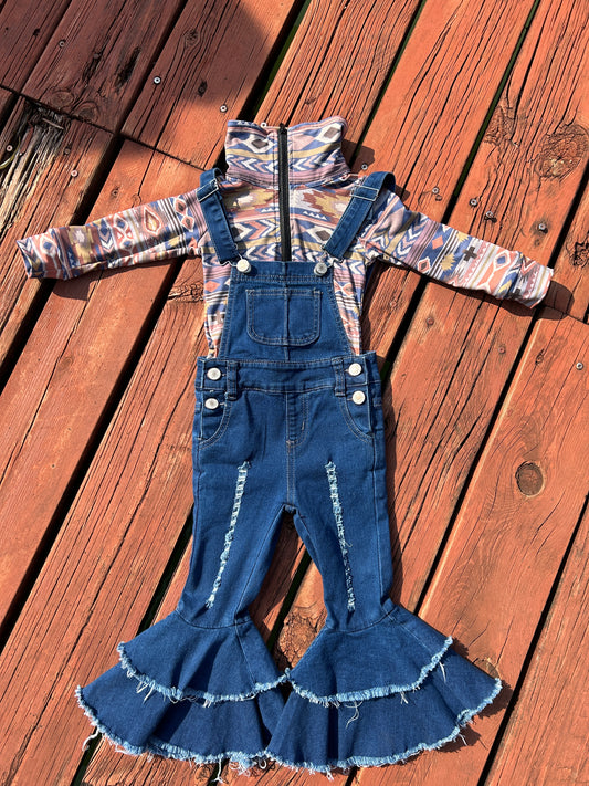 Western Aztec Zipper Pocket Pullover Blue Hole Overall Jeans Girls Set