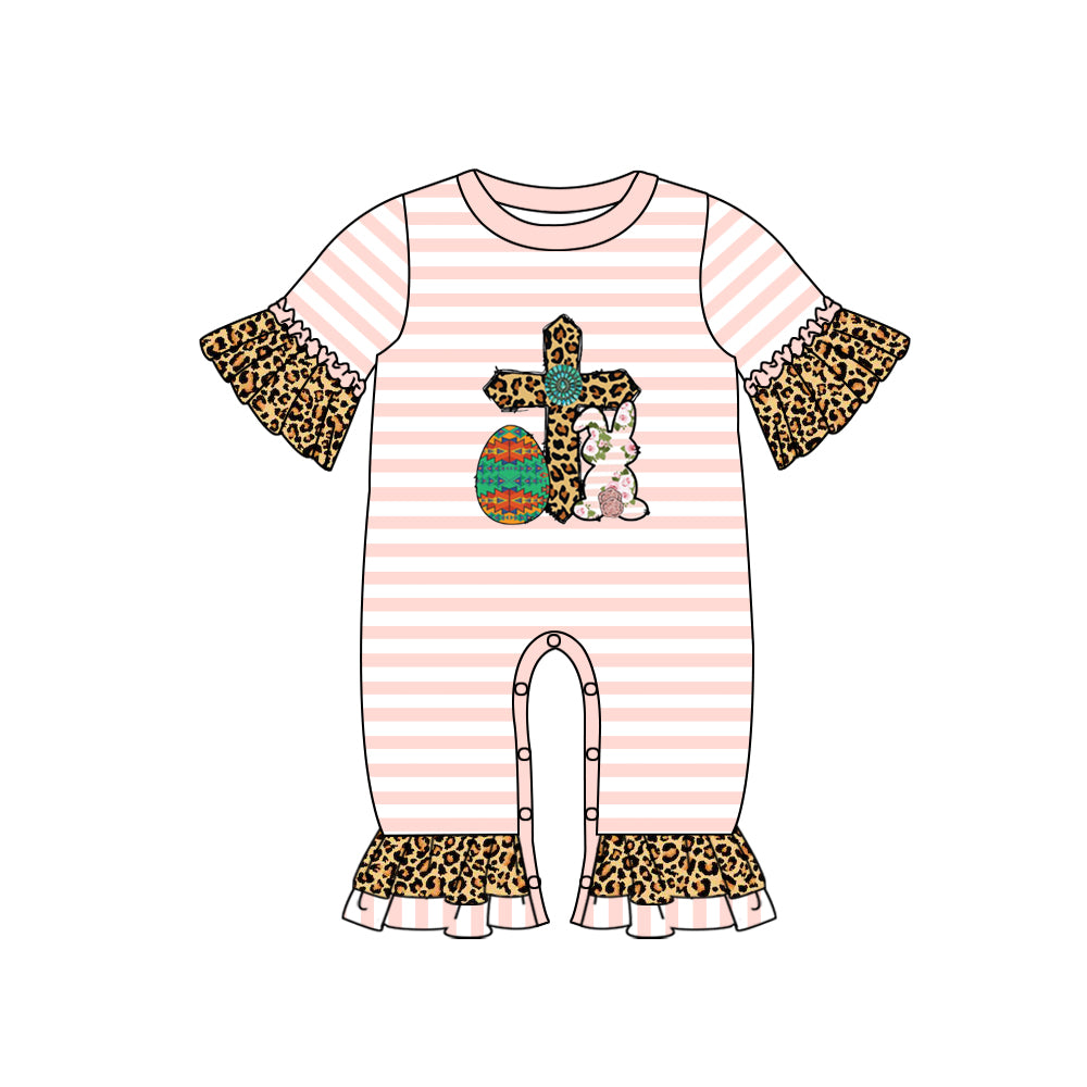 preorder SR0539 Easter rabbit egg pink striped leopard short sleeve girls romper