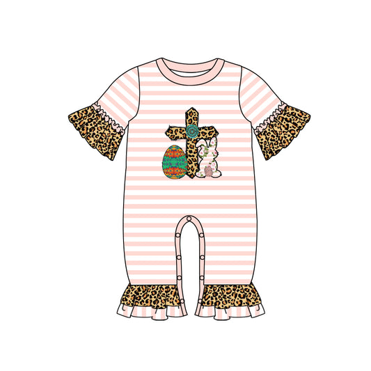 preorder SR0539 Easter rabbit egg pink striped leopard short sleeve girls romper