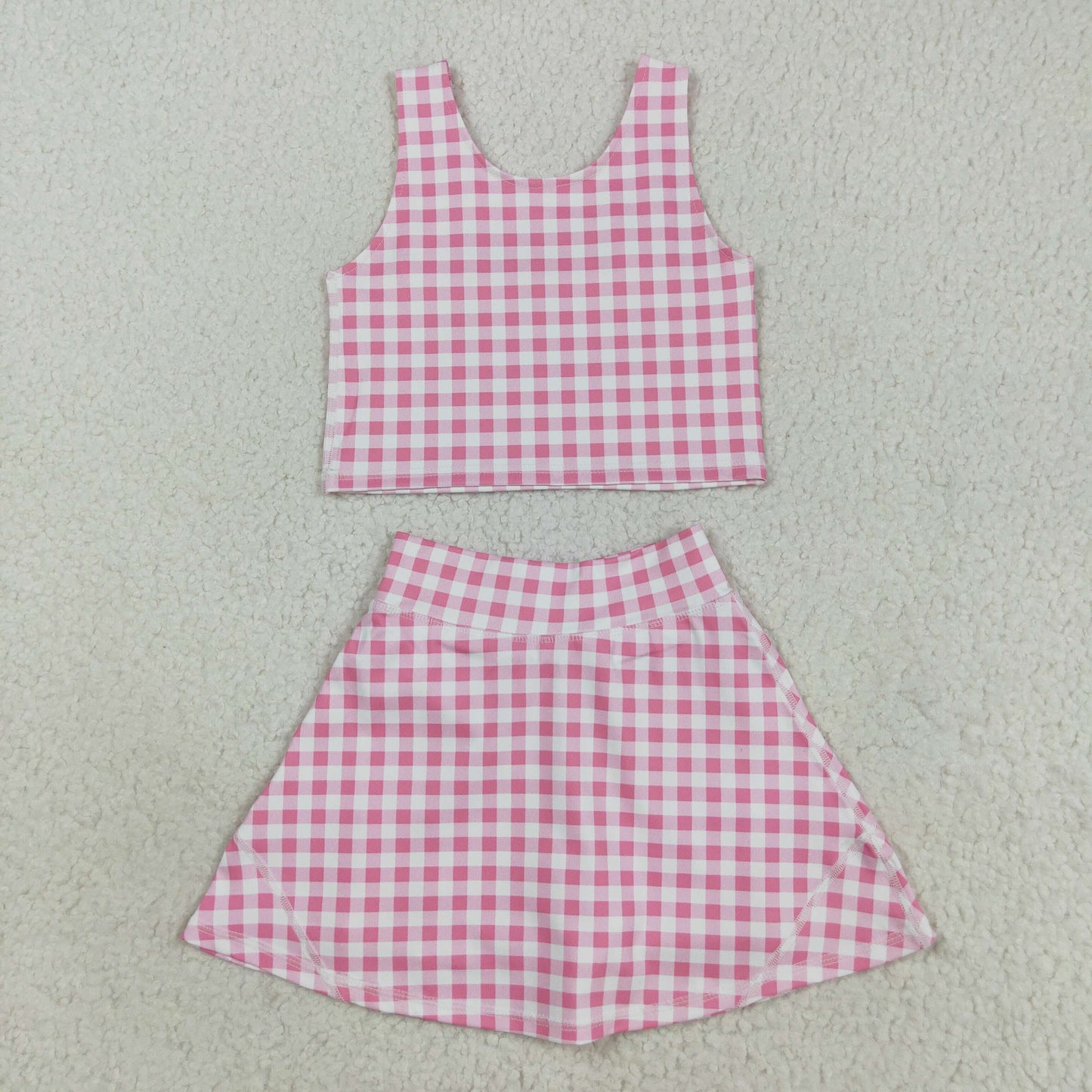 GSD2786 yoga pink checkered sleeveless skorts skirt girls set