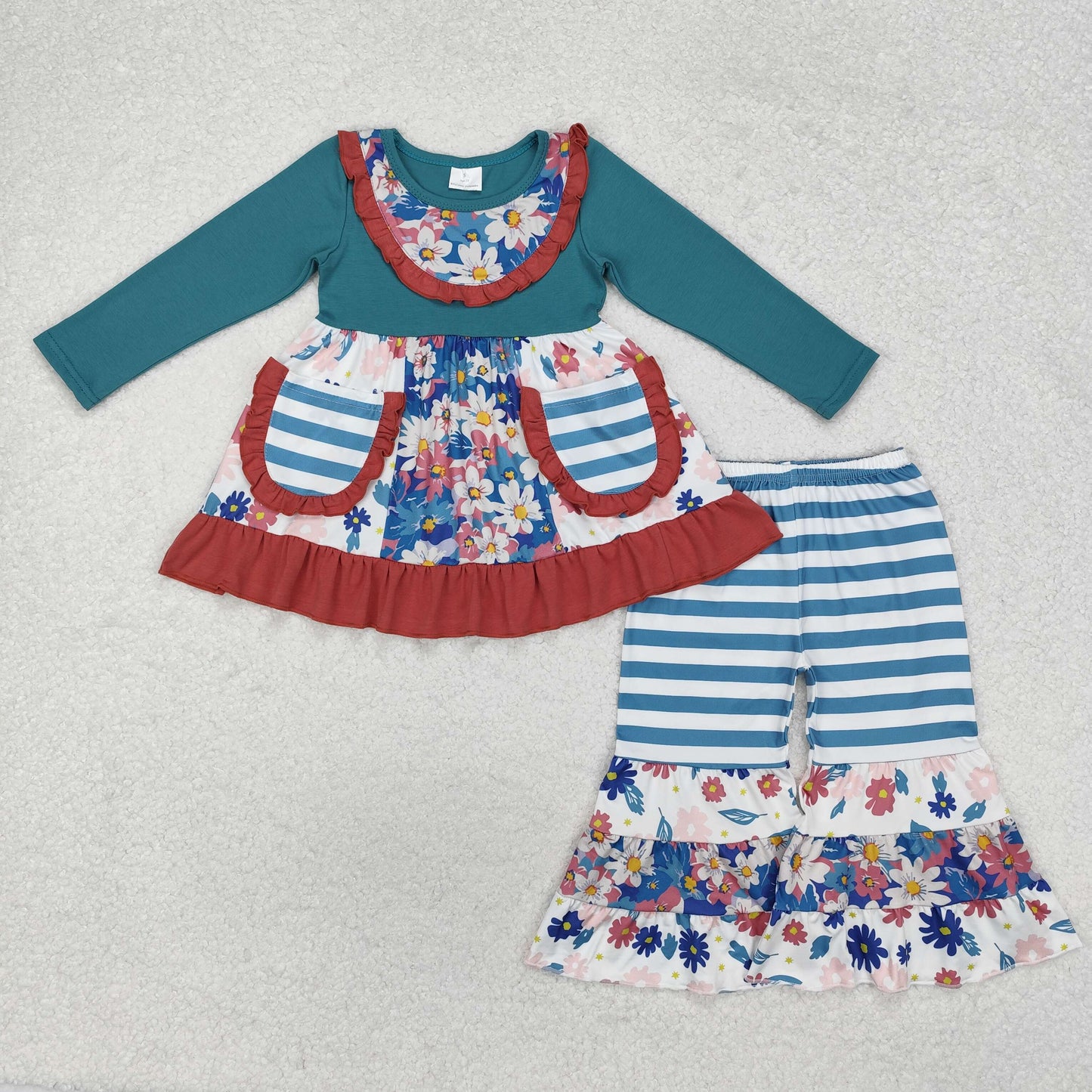 GLP1764 colorful pockets green long sleeve striped pants girls set