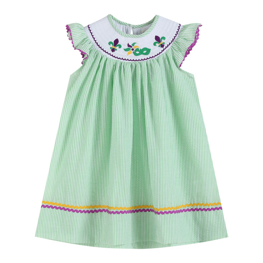 preorder GSD0501 Mardi gras green striped purple flutter sleeve girls dress