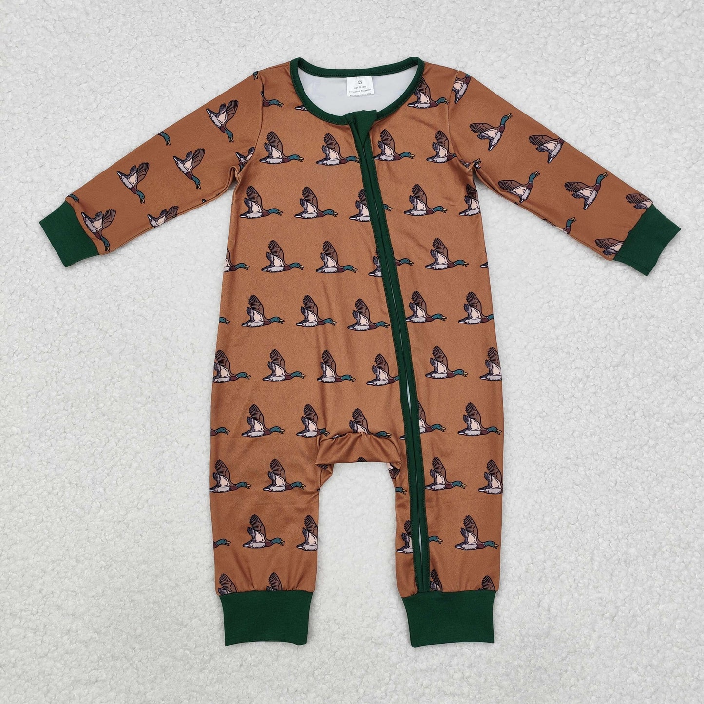 Custom moq 20 bamboo cute mallard duck brown long sleeve zipper boys romper