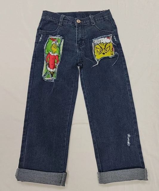 P0207 Christmas Green Face Dark Blue Boys Denim Jeans