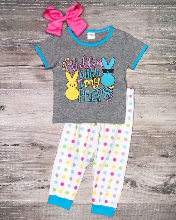 preorder BSPO0268 Easter Rabbit Peep Grey Short Sleeve Colorful Dot Pants Boys Set