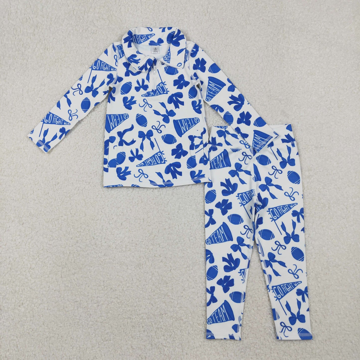 GLP2761 yoga go fight cheer blue bows zipper long sleeve pants girls set