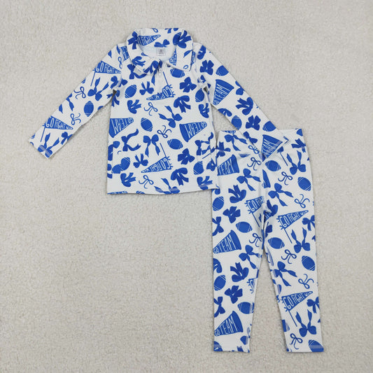 GLP2761 yoga go fight cheer blue bows zipper long sleeve pants girls set