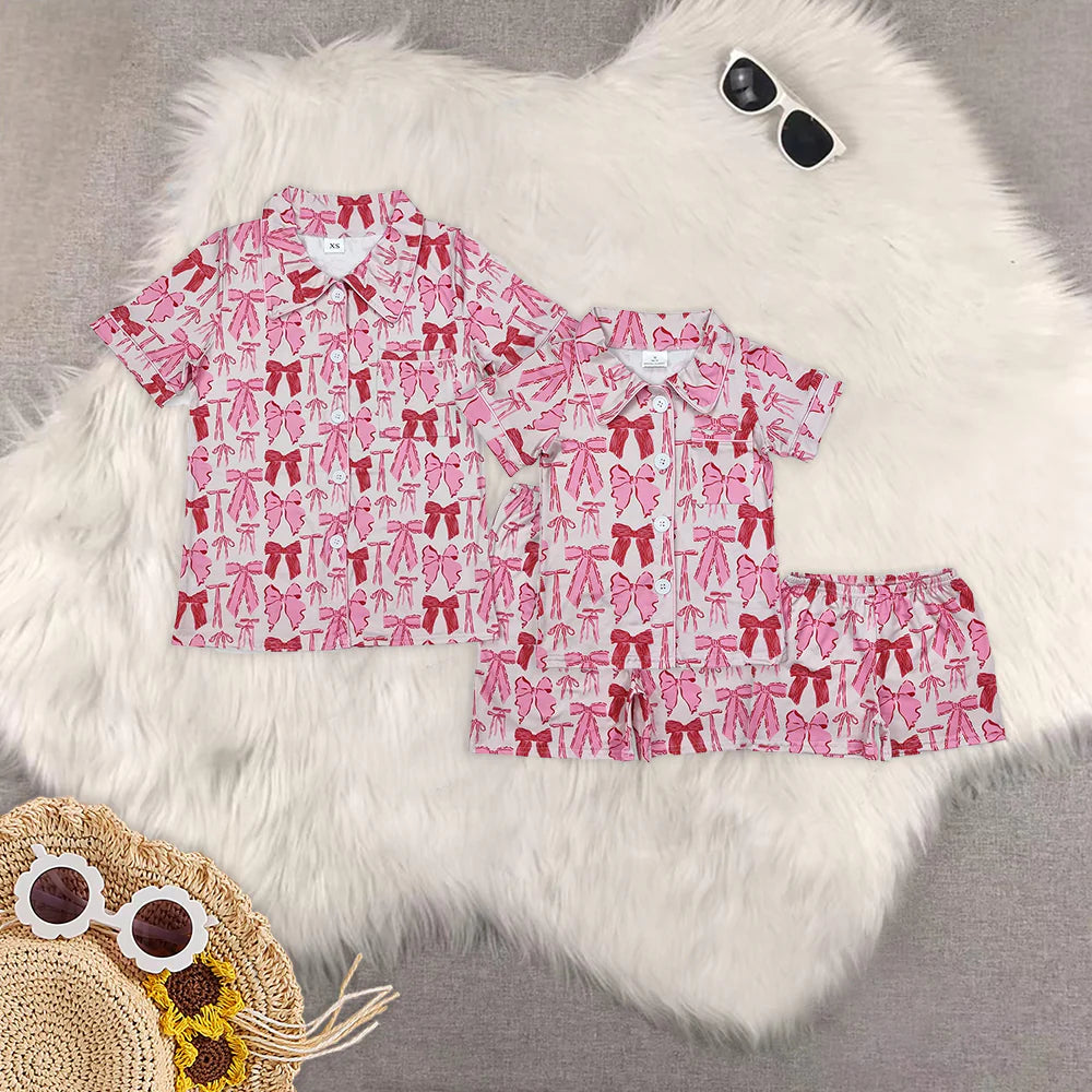 mama and me pink bows pajamas RTS sibling clothes