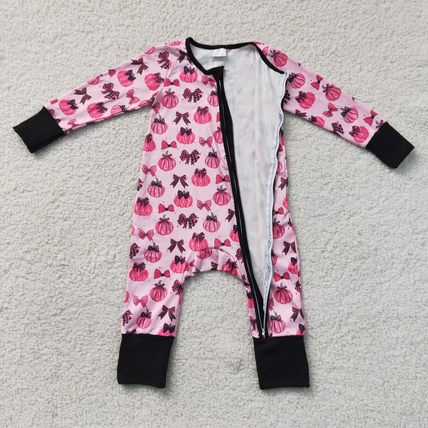 LR3069 Pumpkin Hot Pink Zipper Long Sleeve Girls Romper