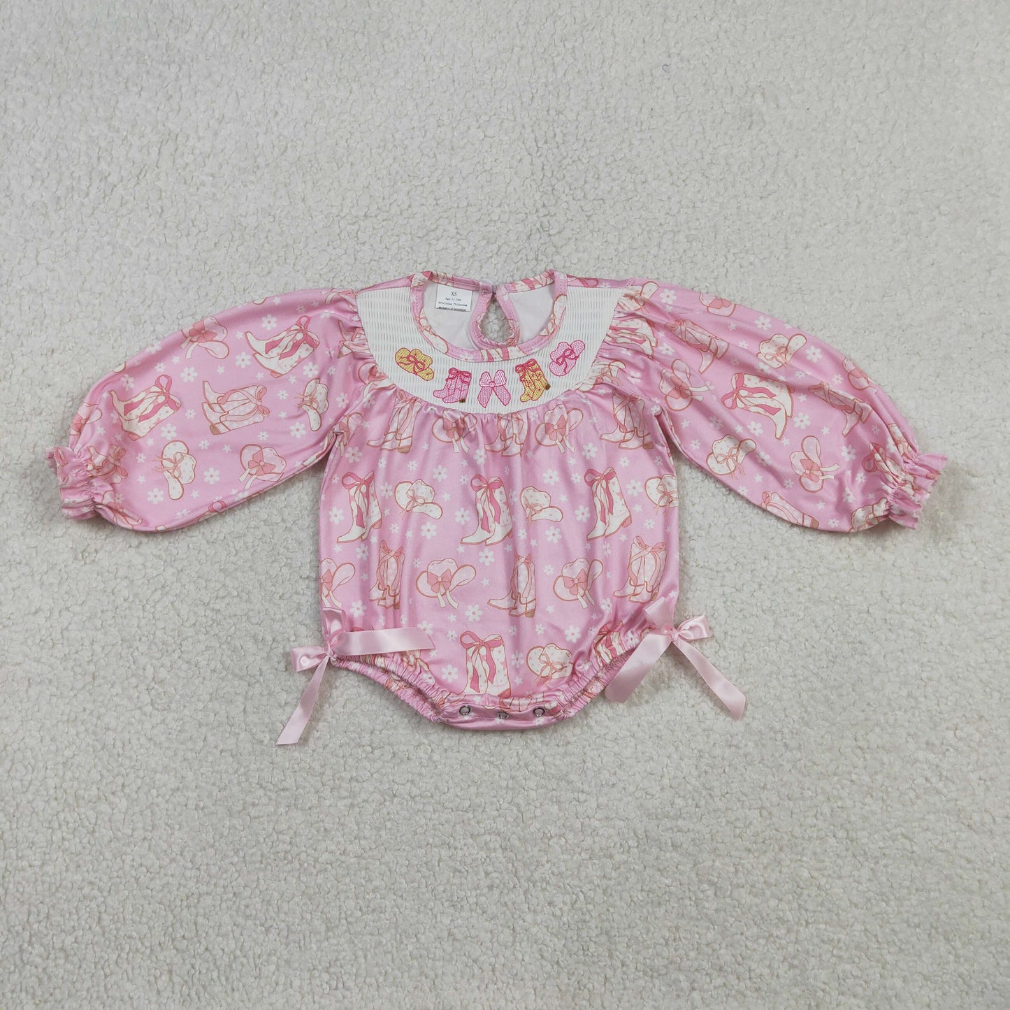Embroidery LR2938 Western Boots Bows Pink Long Sleeve Girls Romper