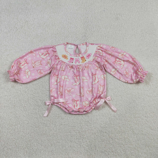 Embroidery LR2938 Western Boots Bows Pink Long Sleeve Girls Romper