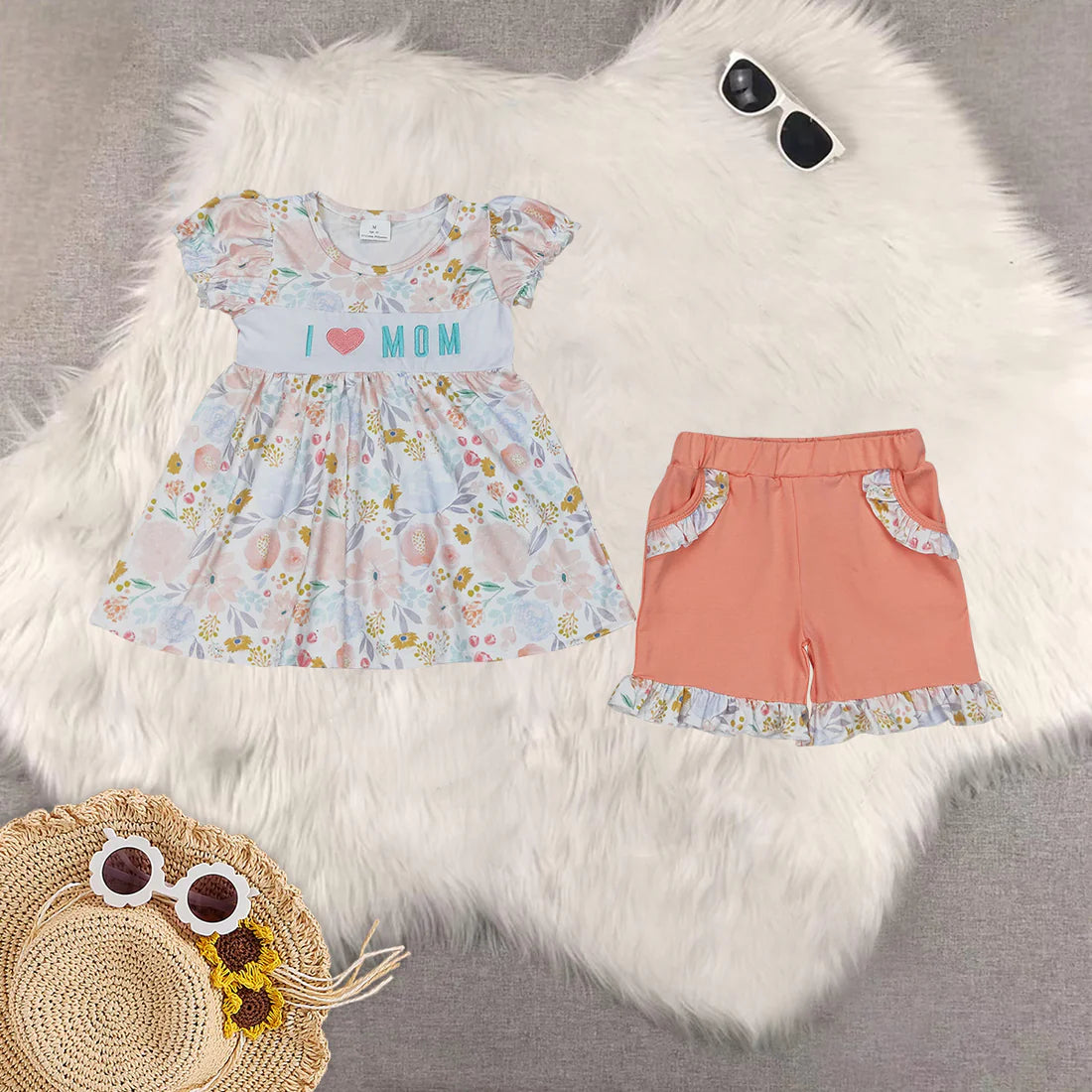 Embroidery i love mon flowers orange RTS Sibling Clothes