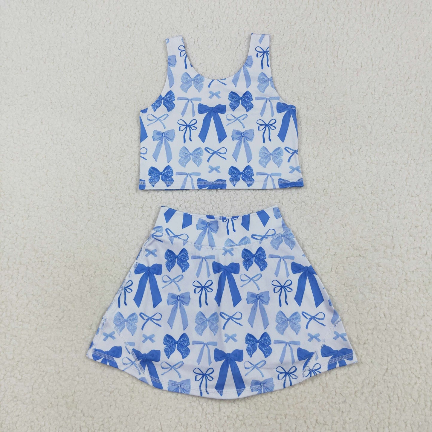 GSD2640 yoga blue bows sleeveless skirt with shorts girls set