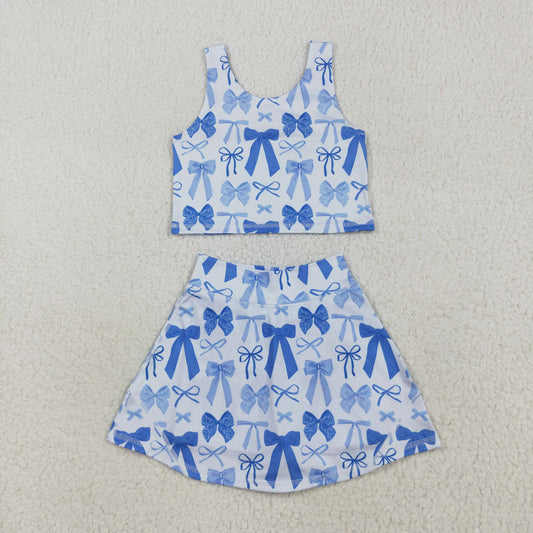 GSD2640 yoga blue bows sleeveless skirt with shorts girls set
