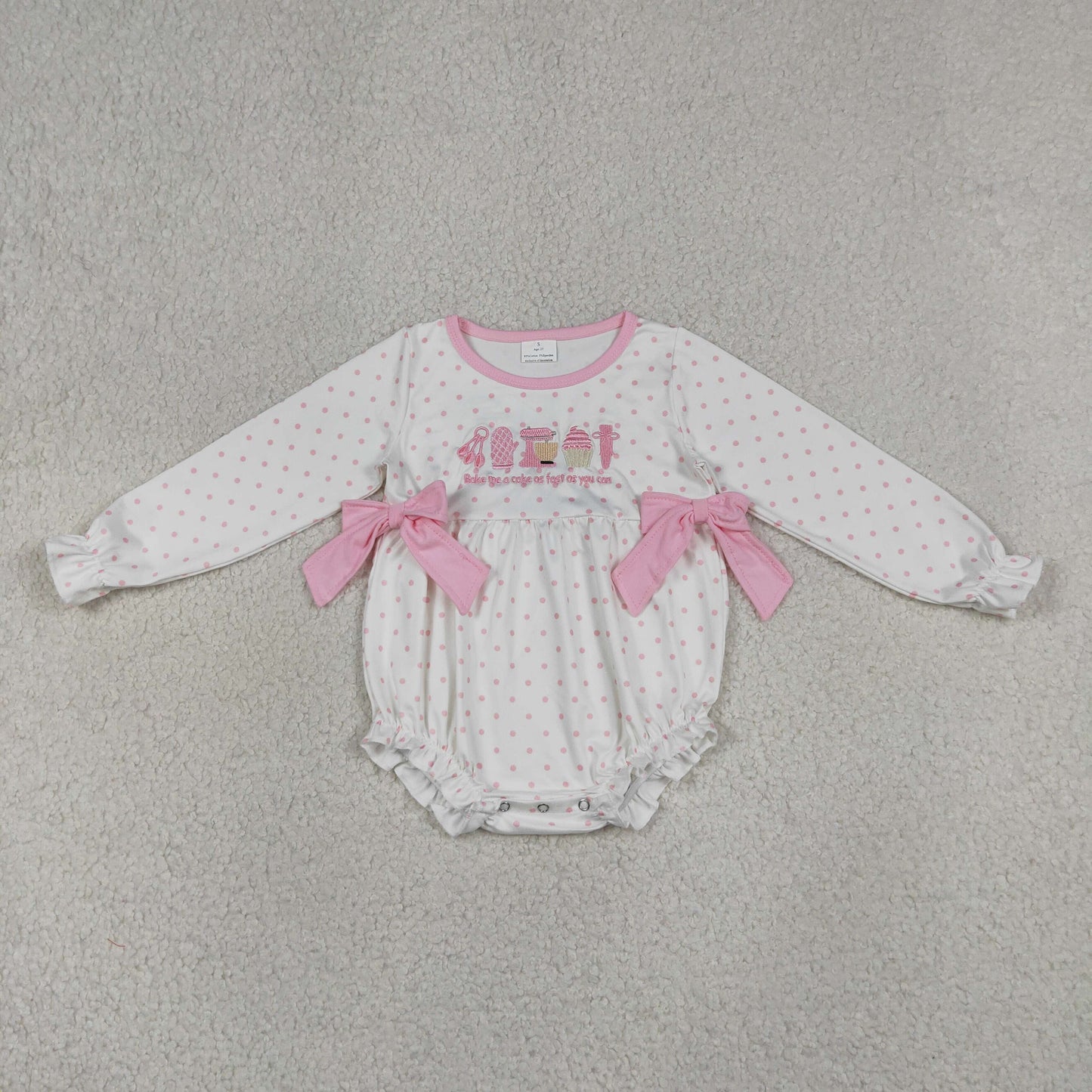 Embroidery LR2947 Ice Pink Dot Bows Long Sleeve Girls Romper
