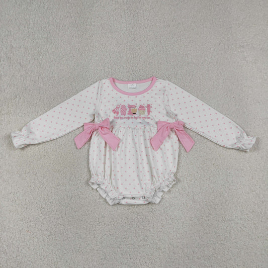 Embroidery LR2947 Ice Pink Dot Bows Long Sleeve Girls Romper