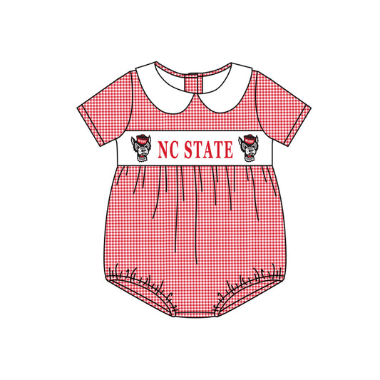 custom style football team wolf red checkered short sleeve girls romper 2