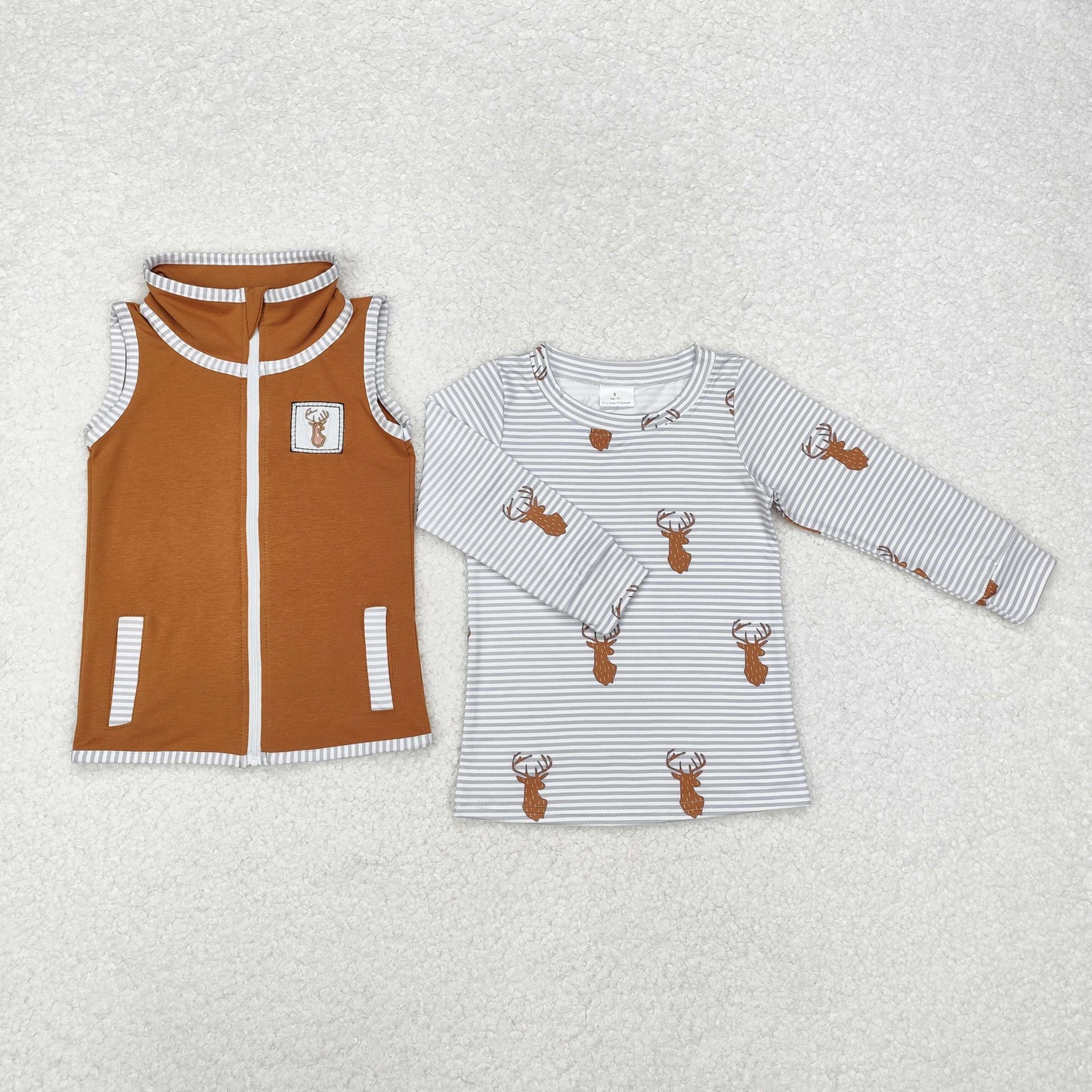 embroidery BT0858 hunting deer striped long sleeve brown zipper boys coat 2pcs