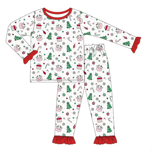 custom S Christmas cane candy tree cow long sleeve pants girls pajamas