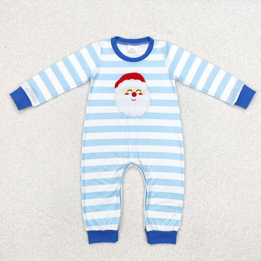 embroidery LR1661 Christmas Santa blue striped long sleeve boys romper