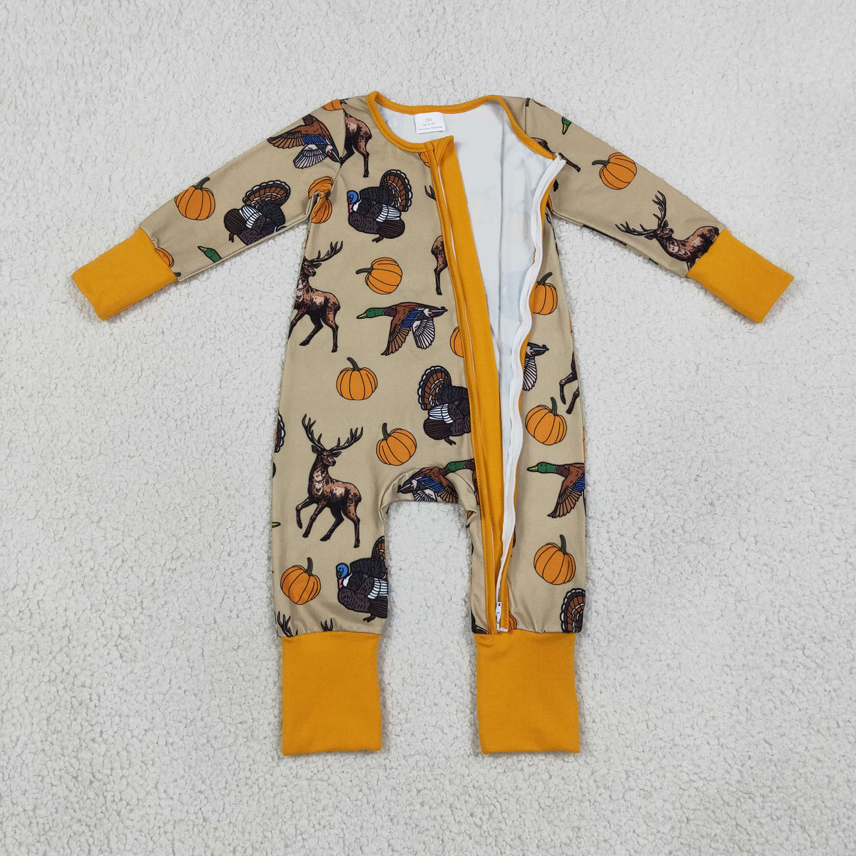 LR3251 Pumpkin Hunting Zipper Long Sleeve Boys Romper