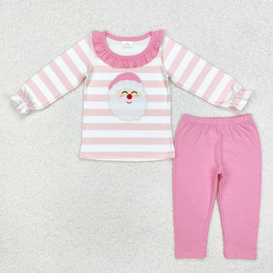 embroidery GLP1739 Christmas Santa pink striped long sleeve pink pants girls set