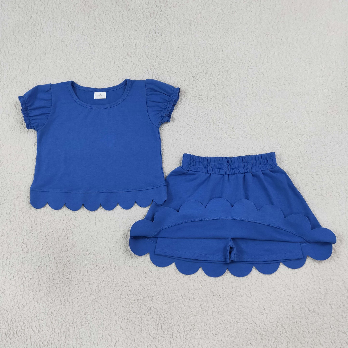 GSD3937 Scallop Solid Color Blue Scallop Short Sleeve Skorts Girls Set