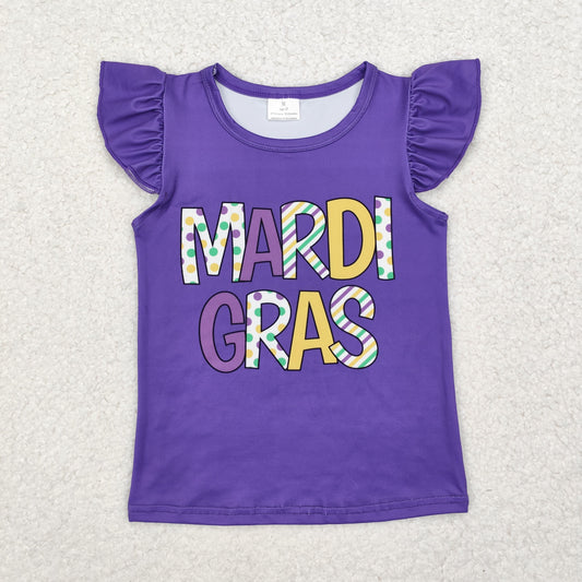 GT0814 Mardi Gras purple flutter sleeve girls top