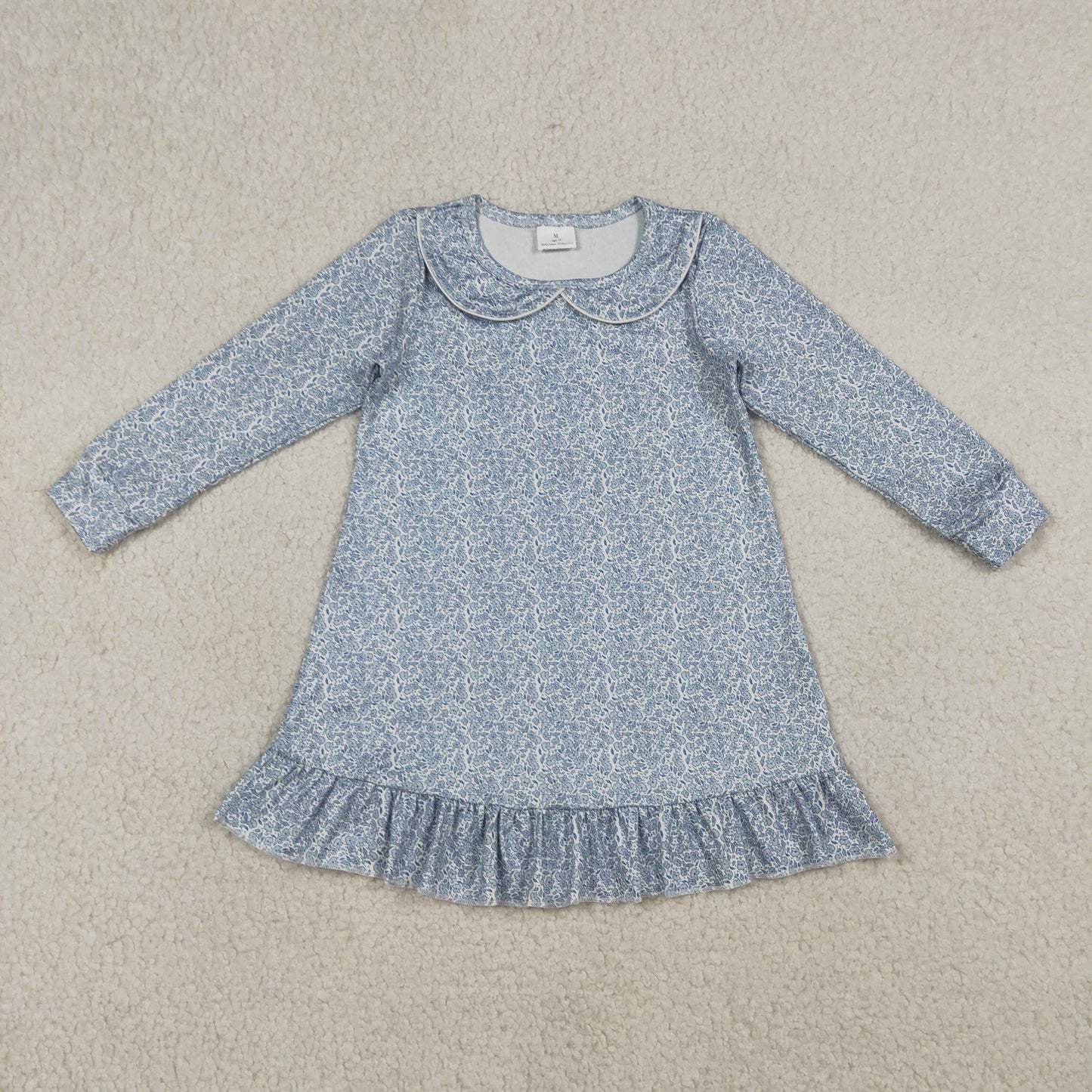 GLD1424 blue flowers floral long sleeve girls dress