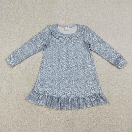 GLD1424 blue flowers floral long sleeve girls dress