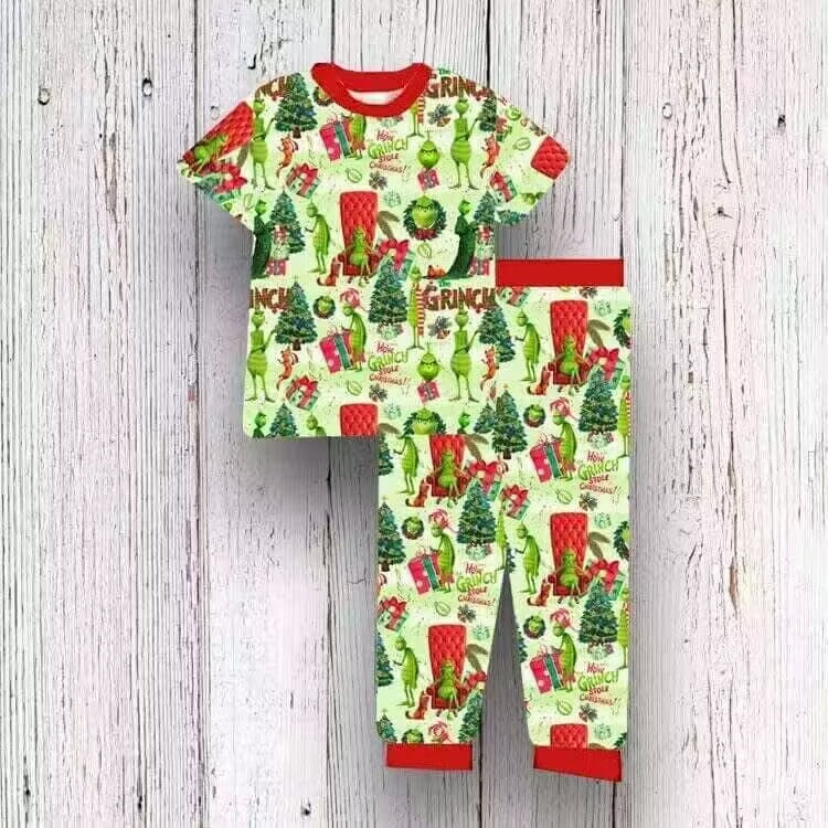 custom S Christmas green face green short sleeve pants boys pajamas