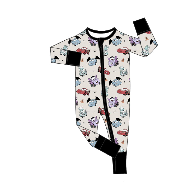 custom style bamboo Halloween cartoon car long sleeve zipper romper