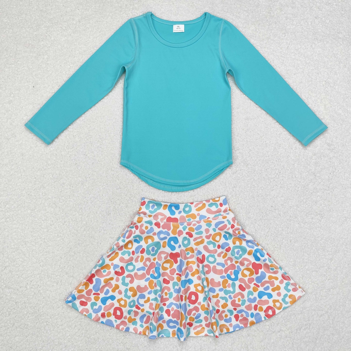 GLD0595 sky blue long sleeve colorful leopard skirt girls yoga set active wear athletic