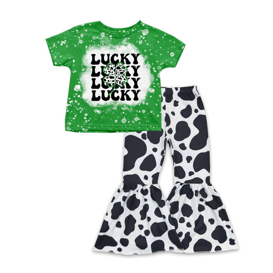 preorder GSPO1172 Saint Patrick Clover Lucky Green Short Sleeve Cow Print Pants Girls Set