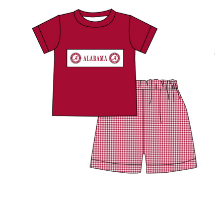 custom football ALABAMA red short sleeve red checkered shorts boys set