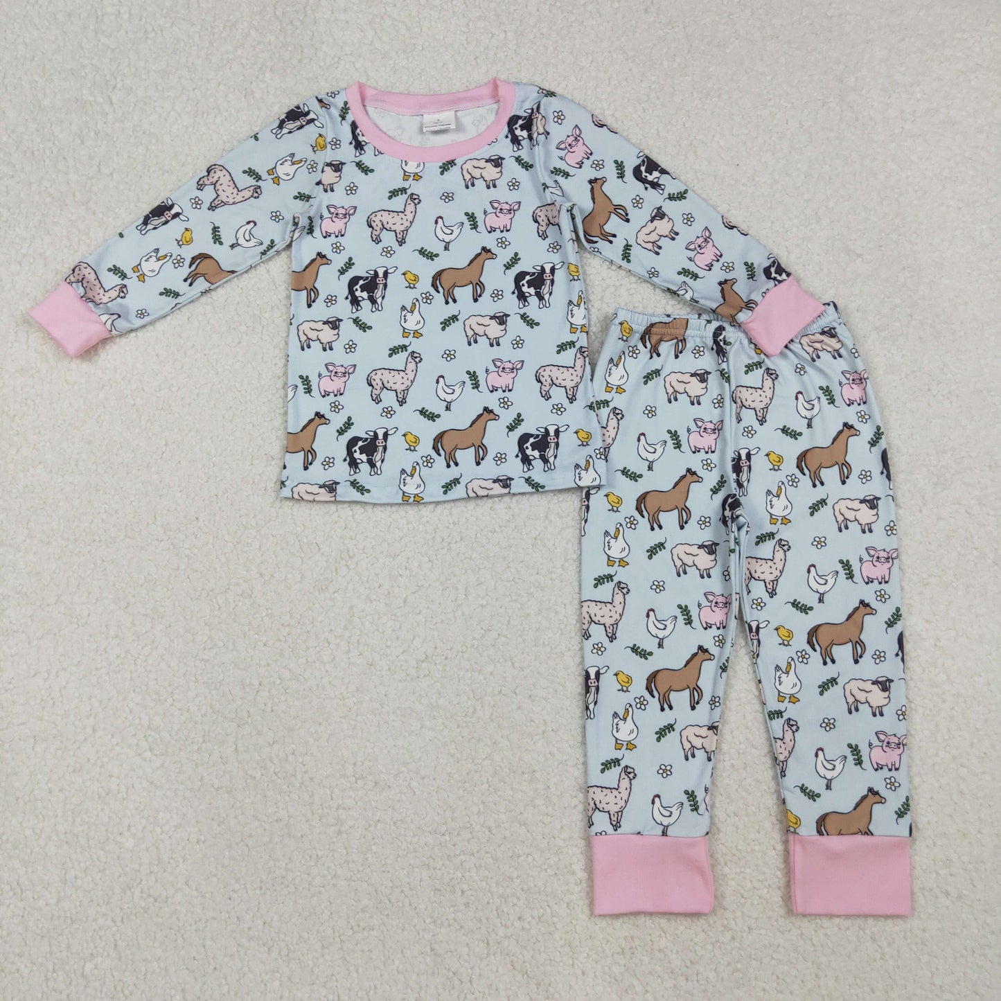 GLP2564 Farm animals chick horse pink long sleeve pants girls pajamas