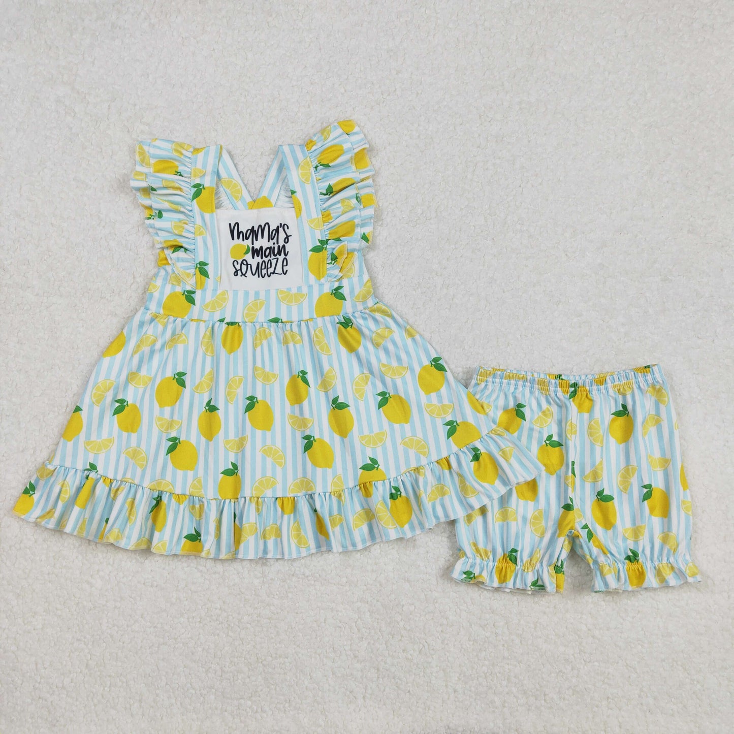 GSSO2026 mama's main squeeze lemon striped flutter sleeve shorts girls set