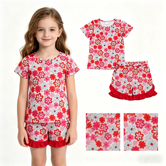 GSSO3471 Red Flowers Short Sleeve Shorts Girls Set