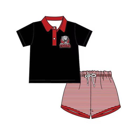 custom style football TIGERS black short sleeve red striped shorts boys set