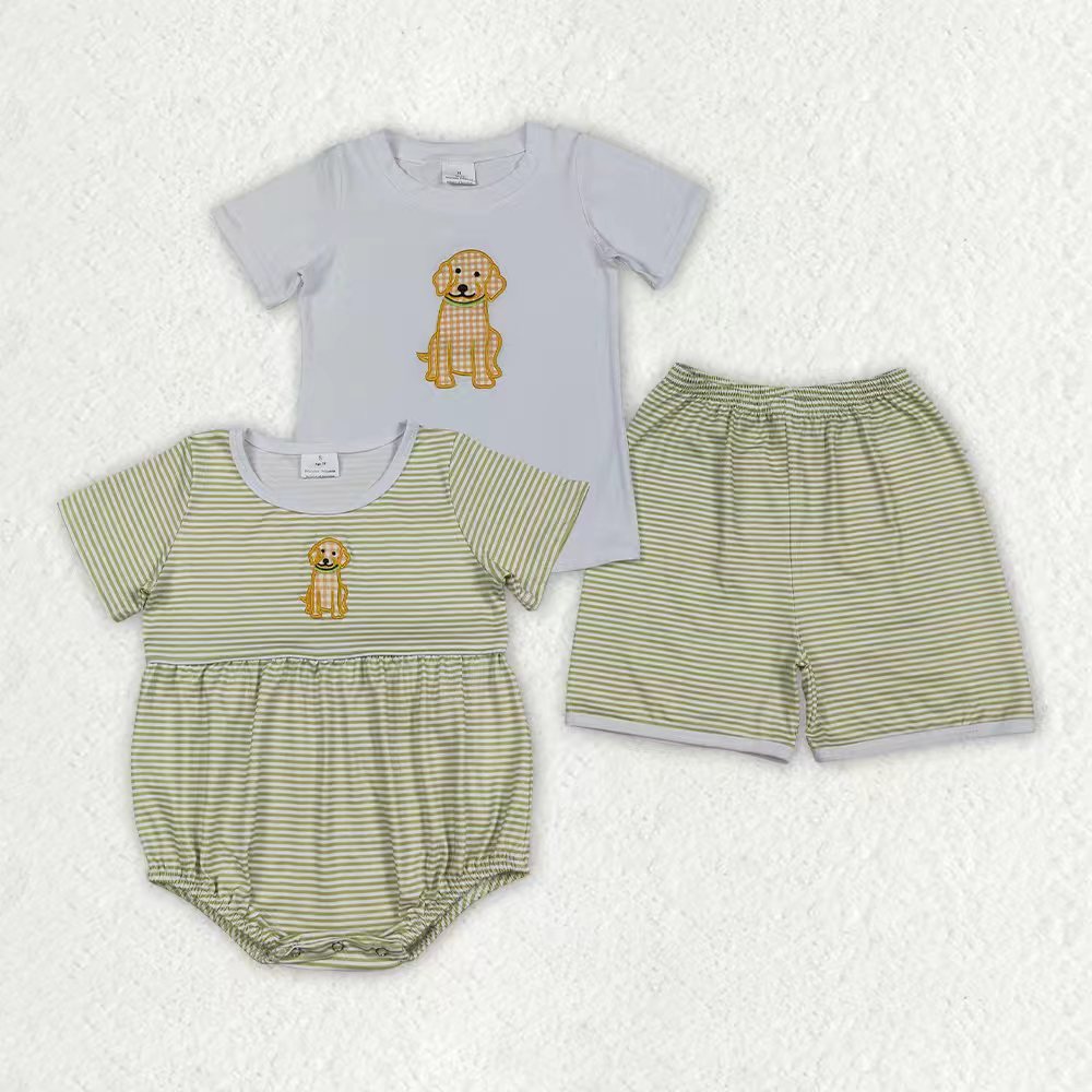 Embroidery Dog Boys Set/Romper Sibling Clothes RTS