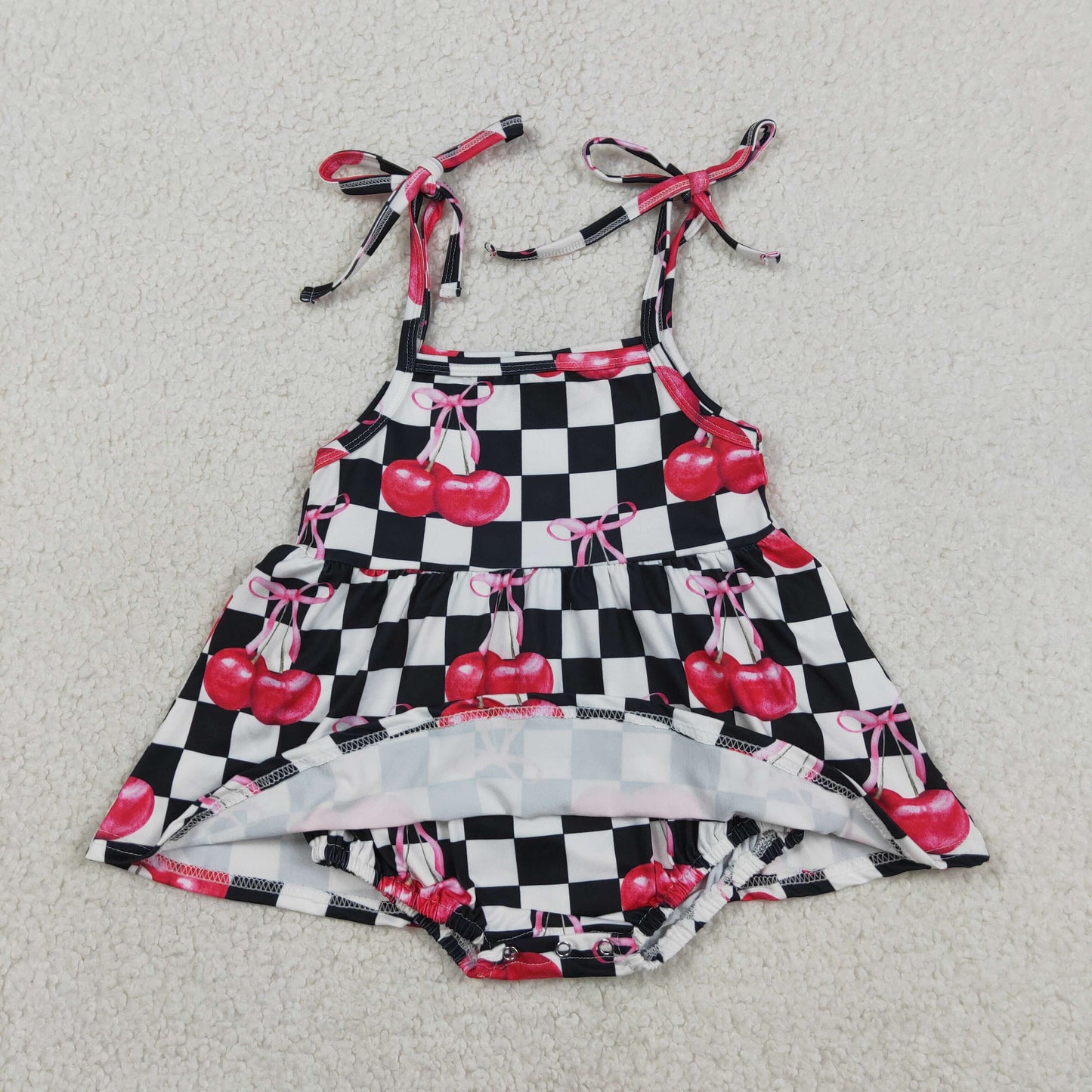 SR3854 Cherry Black Checkered Girls Romper