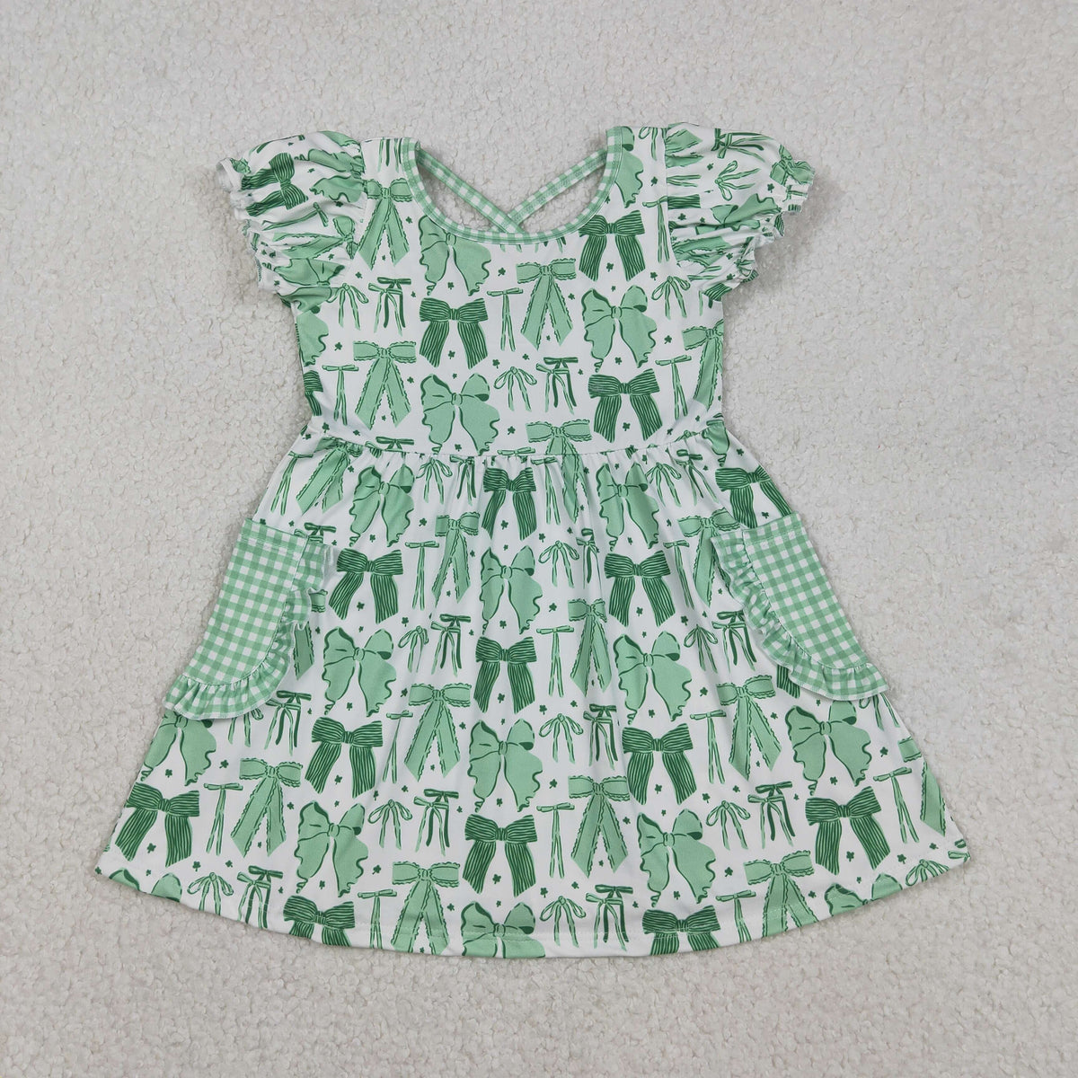 GSD2903 Mardi Gras green bows pockets short sleeve girls dress