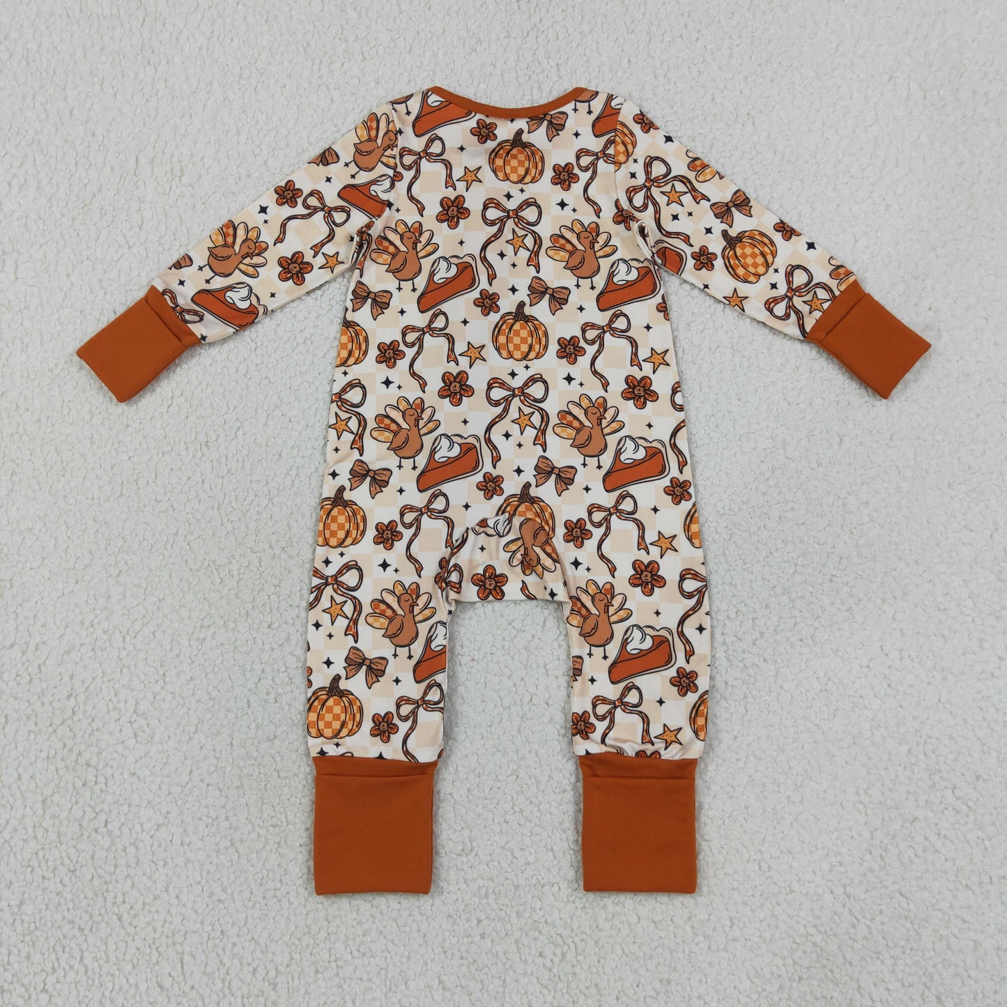 LR3119 Thanksgiving Turkey Pie Orange Zipper Long Sleeve Boys Romper