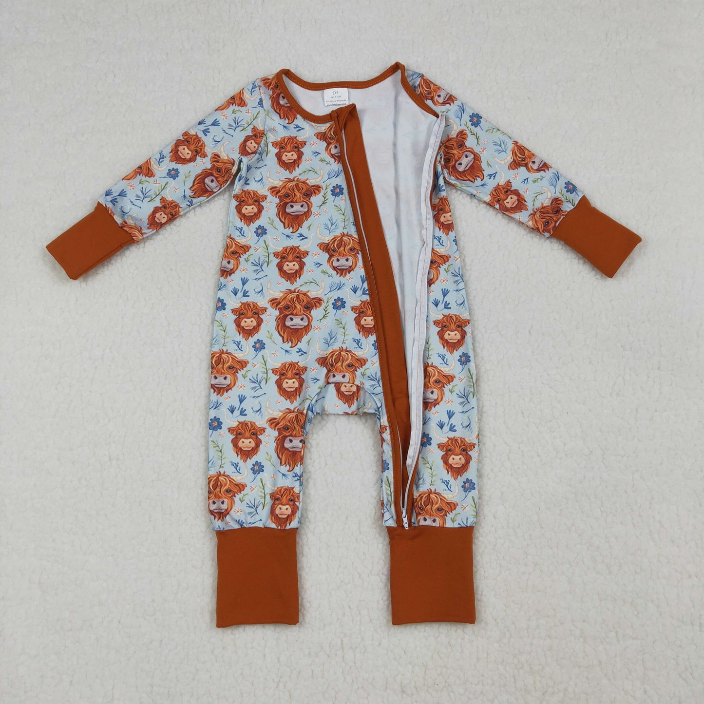 LR1787 Western highland cow flowers zipper long sleeve girls romper