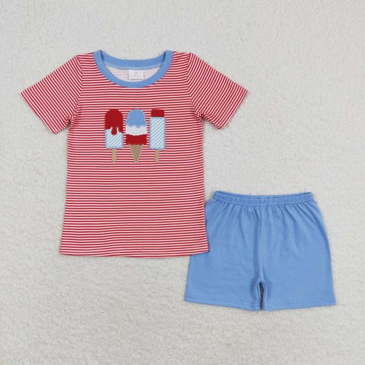 BSSO0576 embroidery July 4th Ice Red Striped Short Sleeve Navy Shorts Boys Set