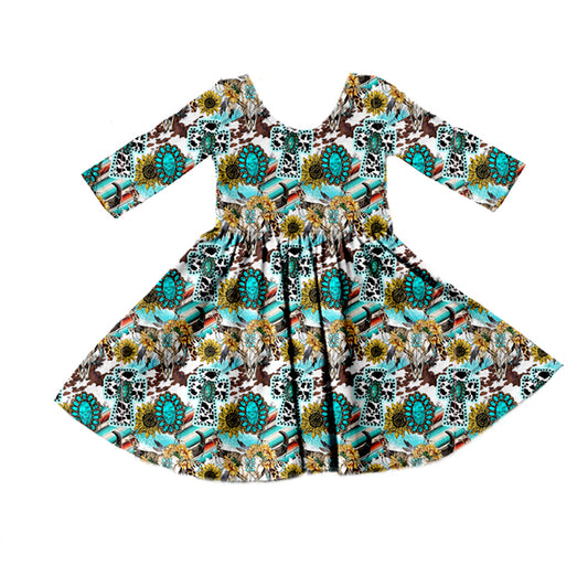 preorder GLD0395 Western cow sunflowers turquoise long sleeve girls dress